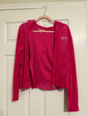 Juicy Couture Hot Pink Velour Zip Hoodie with Rhinestone Logo